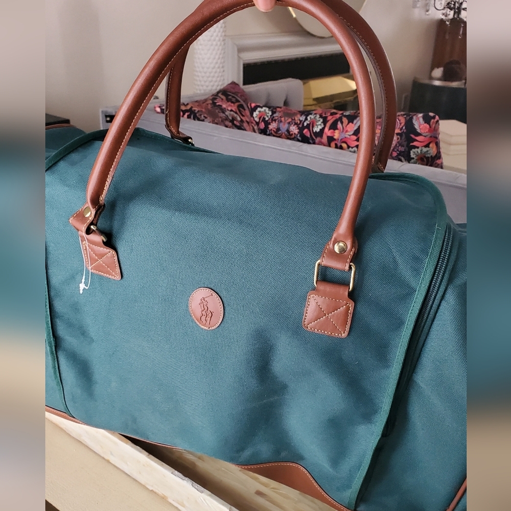 Polo Ralph Lauren Green Duffel Bag with Brown Vegan Leather Trim - Picture 3 of 13